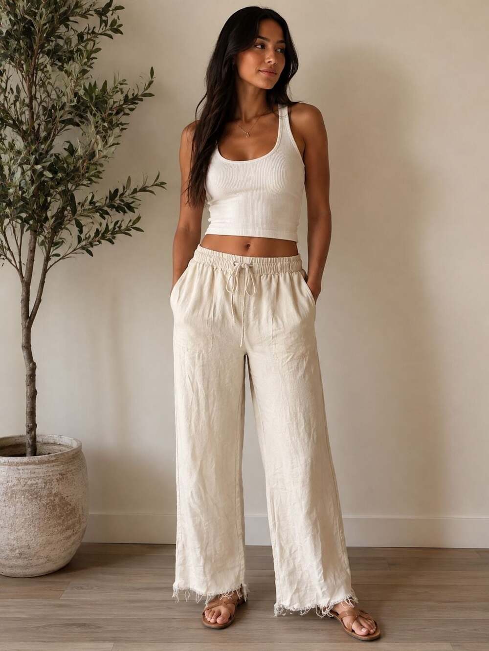 Daydreamer Beige Linen Pull-On Pants